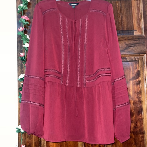 Express Wine Red boho tie long sleeve top - Picture 3 of 4